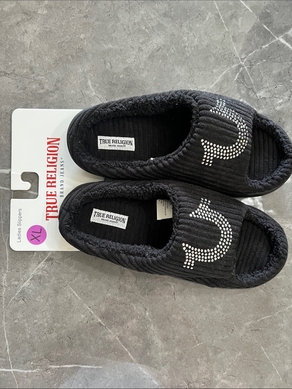 True Religion Woman’s Black Slip-On Slippers with Rhinestone Logo - Picture 2 of 7